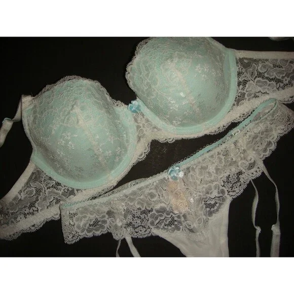 Victoria's Secret 34DD BRA SET+garter+thong+S SLIP WHITE blue BRIDAL lace I DO
